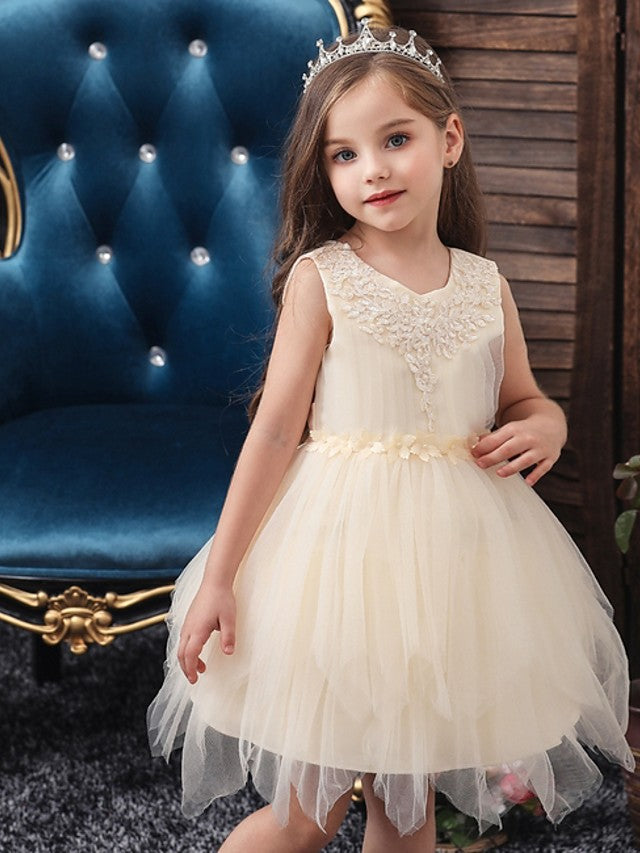 Oknass Ball Gown Sleeveless Jewel Neck Flower Girl Dresses  Tulle With Sash  Ribbon  Appliques