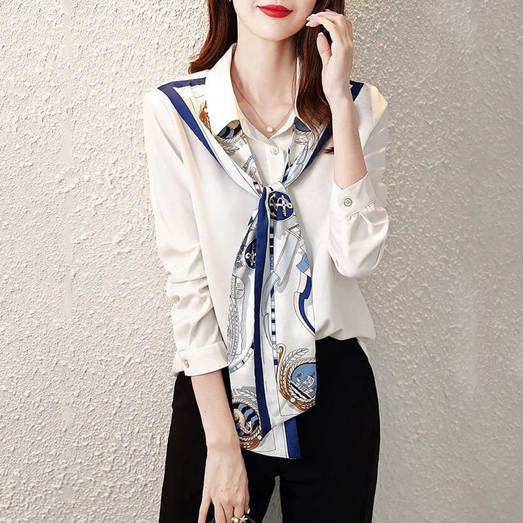 White Elegant Shift Long Sleeve Shirts & Tops QueenFunky