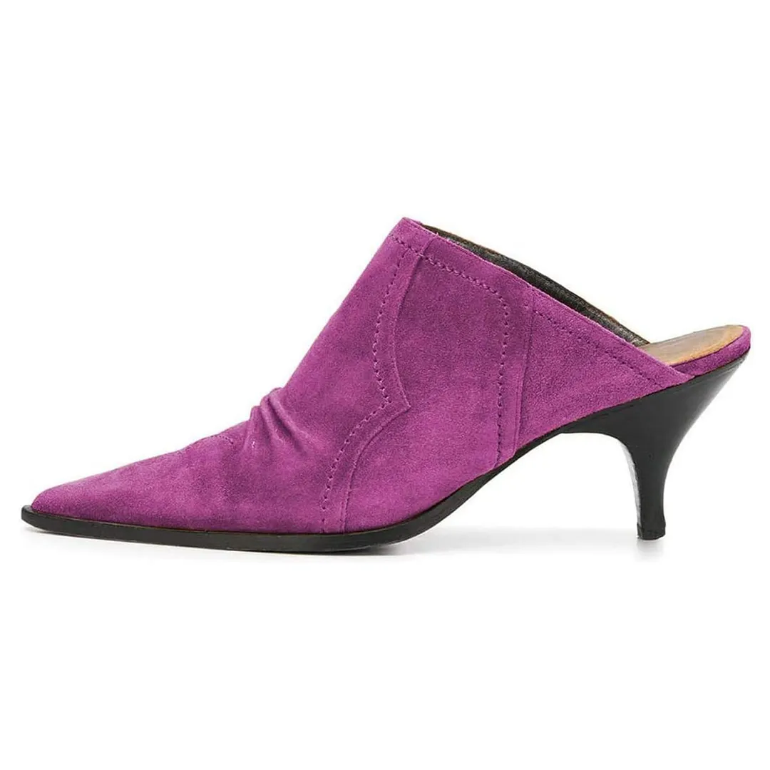 Classic Vegan Suede Pointed Toe Kitten Heeled Mules in Purple