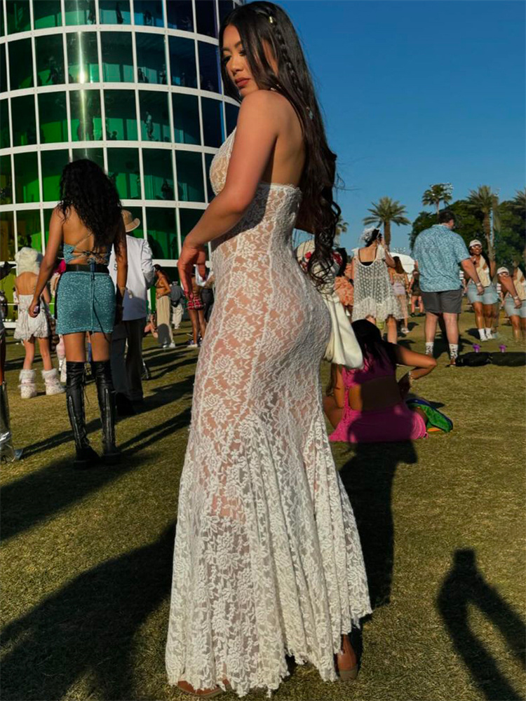 Hollow Out Lace Sexy Long Dress For Women See-Through Sleeveless Backless Fashion Printed Party Dress Summer Maxi Dress