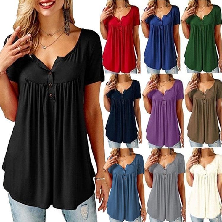 Women Plain Ruched Short Sleeve Button Casual Casual Vest Tank T-shirt Tops