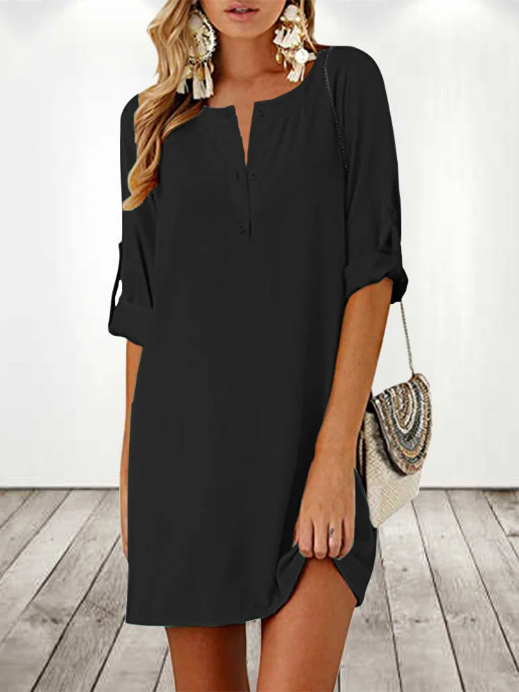 Women's 3/4 Sleeve V-neck Cotton And Linen Solid Color Midi Dress
