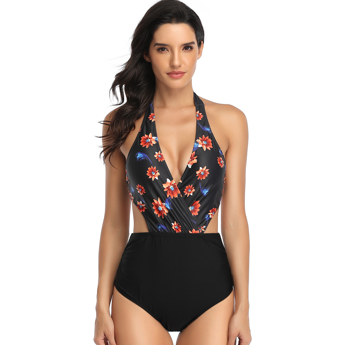 Women's Plant Print Halter Side Cutout One-Piece Swimsuit | ARKGET