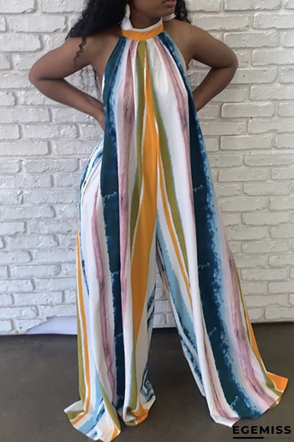 Yellow Casual Striped Print Backless Turtleneck Regular Jumpsuits | EGEMISS