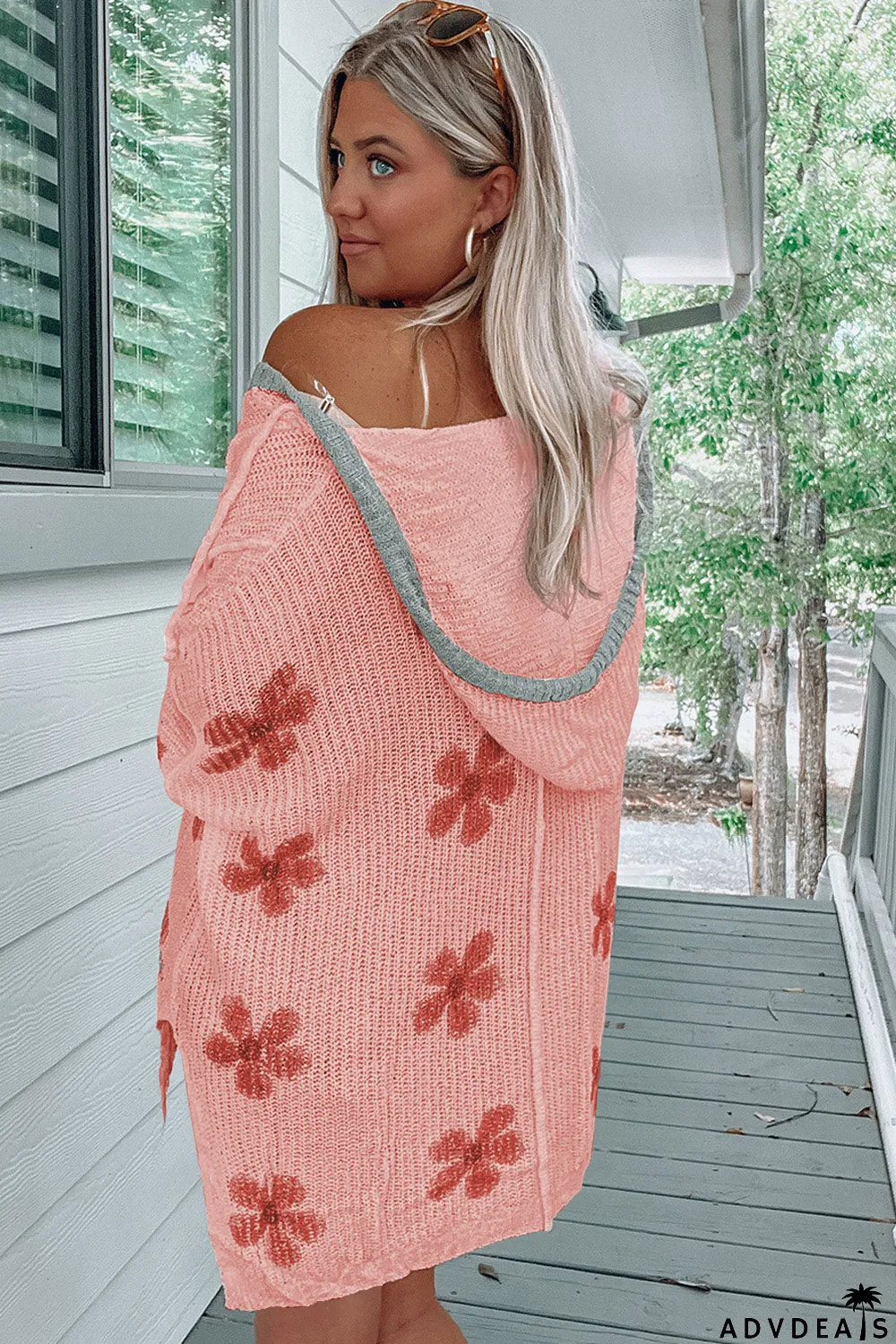 Floral Print Lightweight Knit Hooded Sweater
