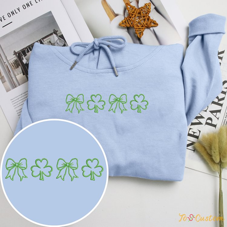 TOSCUSTOM™ Embroidered Shamrock Bow Sweatshirts for Irish St. Patrick’s Day Gifts