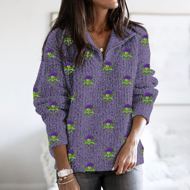 Scotland Thistle Embroidery Zip Sweater elevenforest