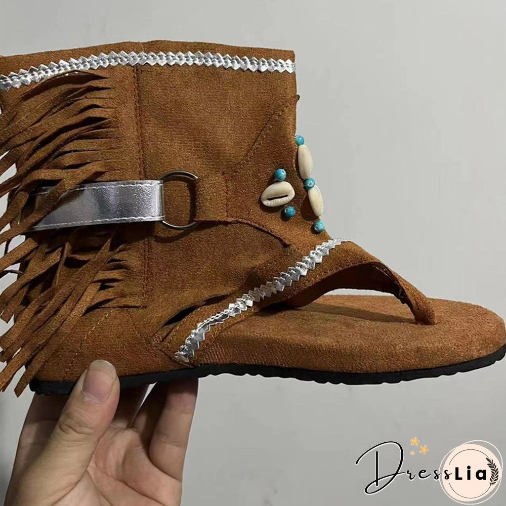 Retro Women Fringe Flower Wedges Shoes Solid Flock Beach Casual Sandals Women Summer Flip Flop Sandals