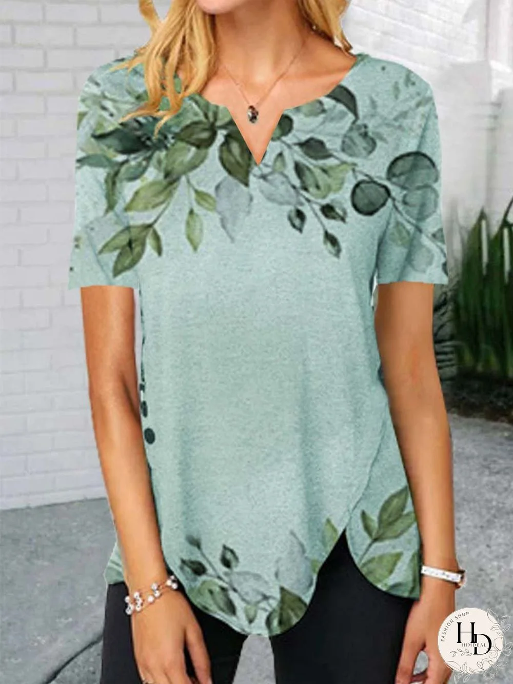 Plants Short Sleeve Printed Cotton-blend V neck Casual Summer Gray Top