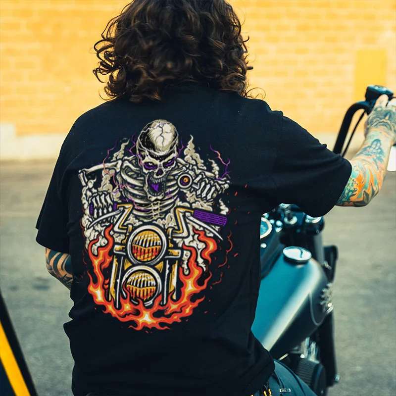 Skull Riding Motorcycle in the Fire Black Print T-Shirt