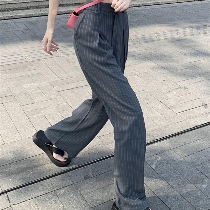 Brownm Grey Stripes Loose-Fitting Women Pants Chic Summer High Waist Slim 2022 All Match Office Lady Straight Casual Trousers