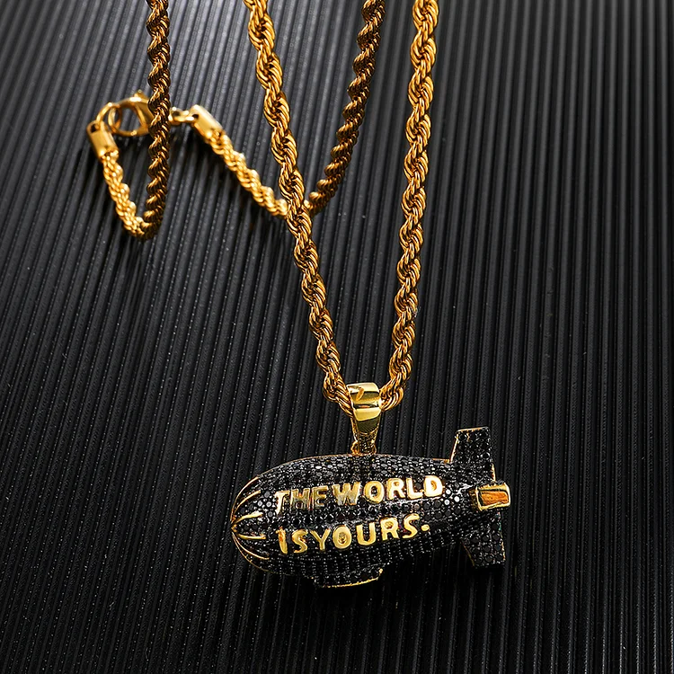 THE WORLD IS YOURS Blimp Gold Black Pendant Necklace