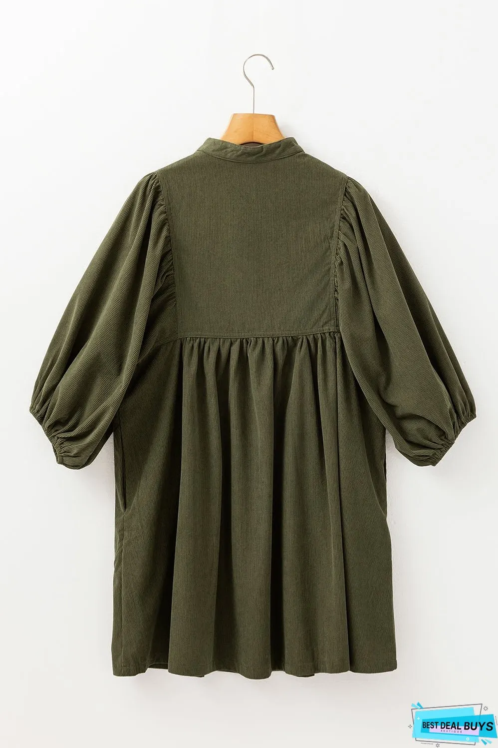 Vineyard Green Corduroy Snap Buttons Empire Waist Bracelet Sleeve Dress