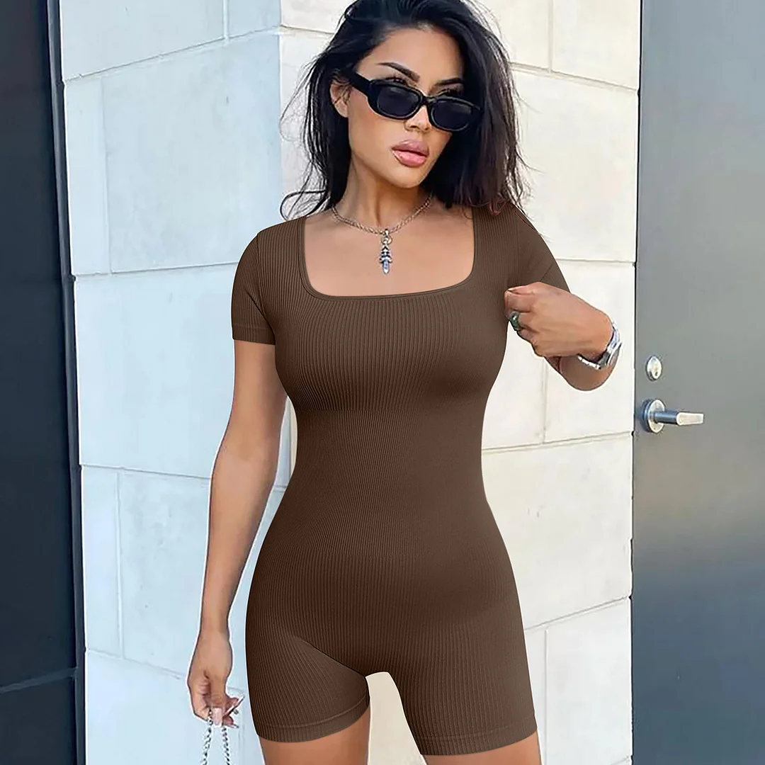 Uveng Uveng Collar Solid Color Short Sleeve Jumpsuit High Waist Sports Fitness Sexy Jumpsuit Women's Clothing