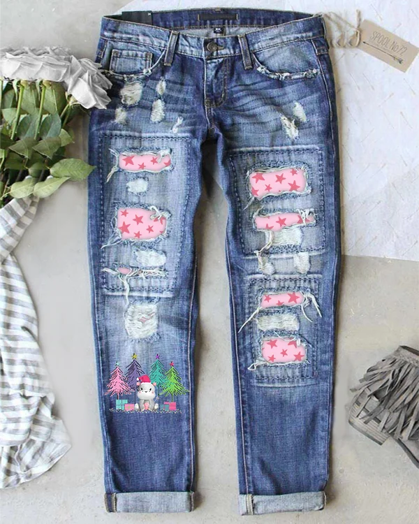 I Want A Hippopotamus For Christma Star Printed Ripped Jeans