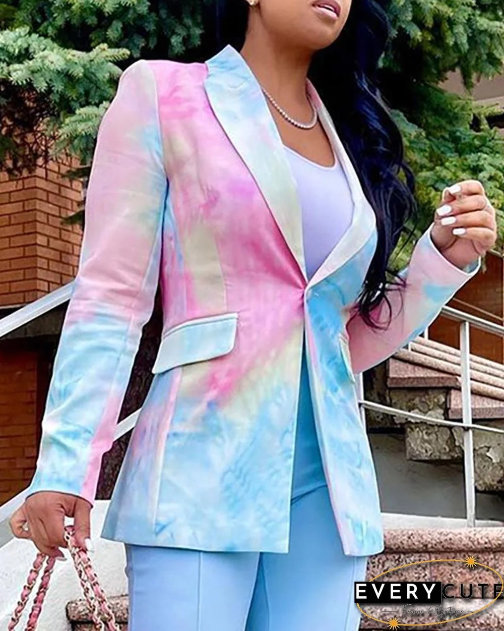 Tie Dye Print Single Button Pocket Design Blazer Coat