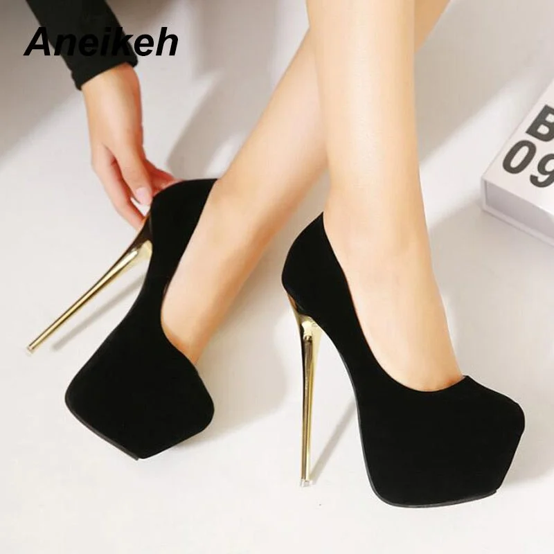 Aneikeh Sexy Pumps Wedding Women Fetish Shoes Concise Woman Pumps Latform Very High Heel Stripper Flock Pumps 16 cm Size 44 45