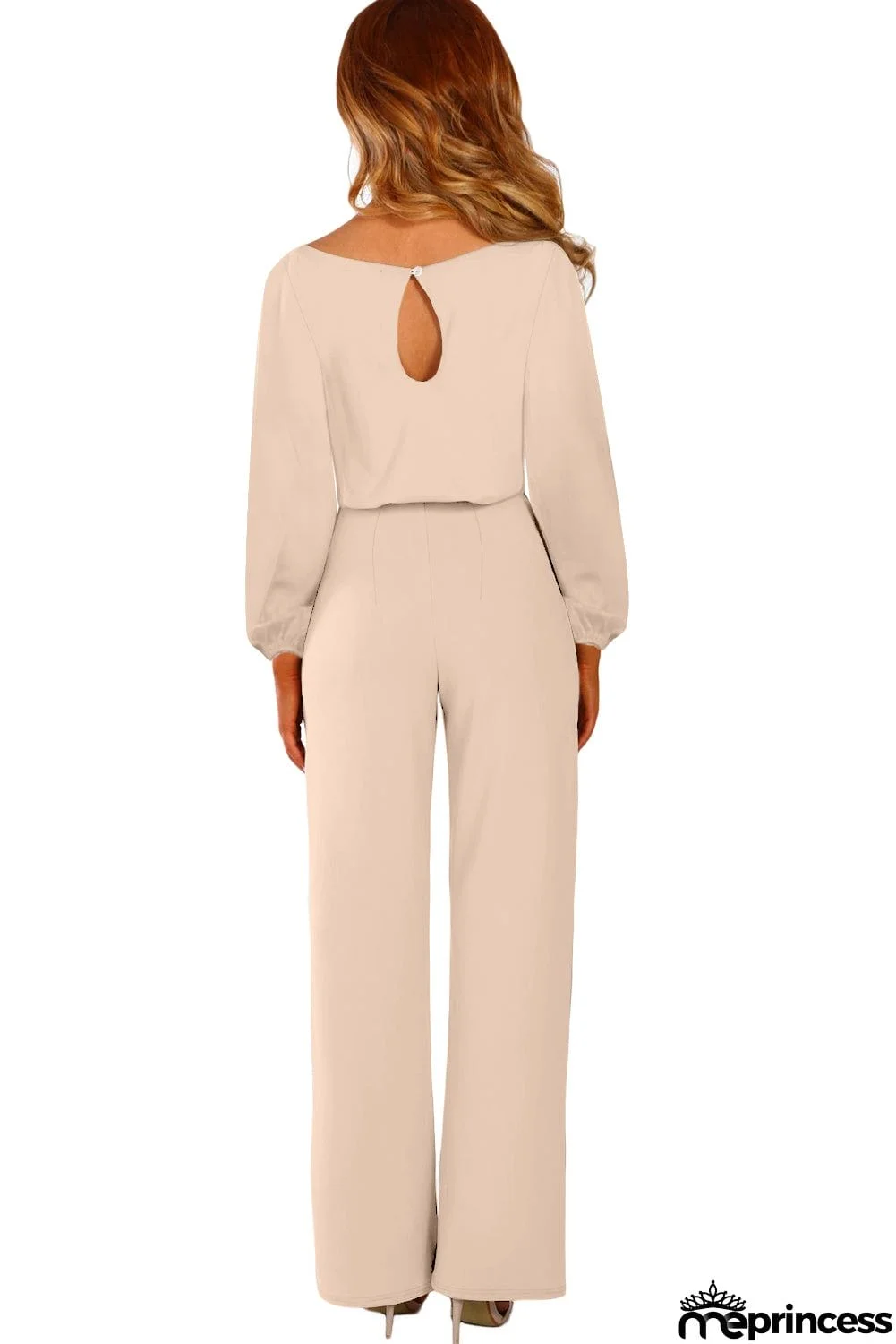 Navy Boat Neck Bubble Sleeve Straight Legs Jumpsuit with Belt Tie