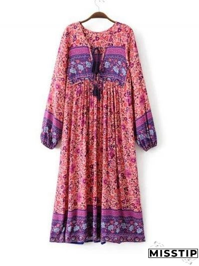 Women s Fashion Polyester Boho Tie Neck Long Sleeve Pleated Day Dress