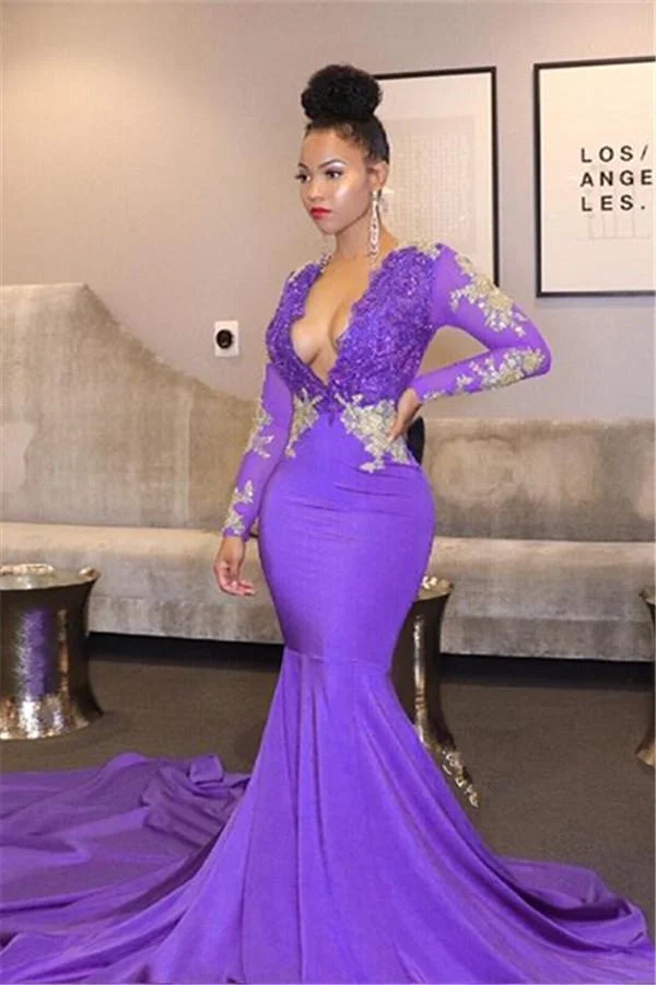 Long Sleevess V-Neck Mermaid Prom Dress With Lace Appliques - lulusllly