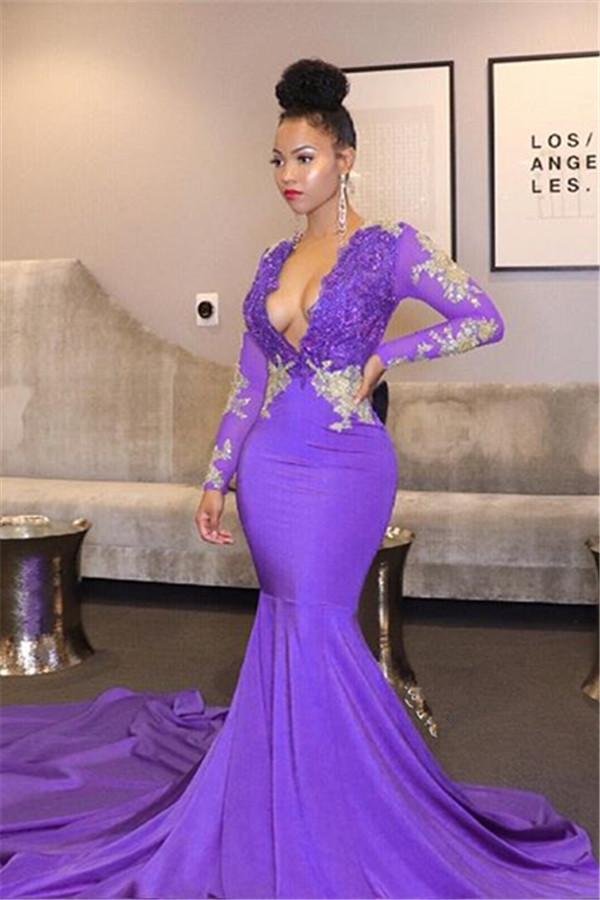 Luluslly Long Sleeves V-Neck Mermaid Prom Dress With Lace Appliques