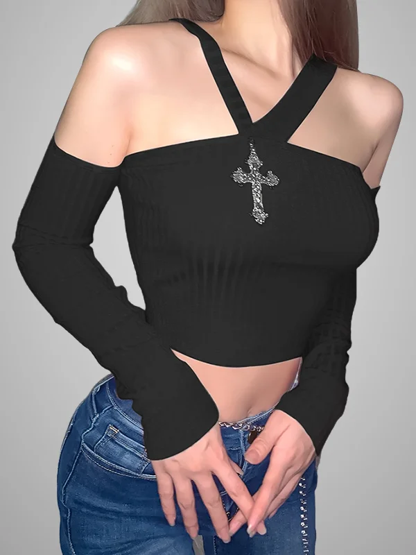 Gothic Dark Cross Halter Solid Off Shoulder Long Sleeve Midriff Top 