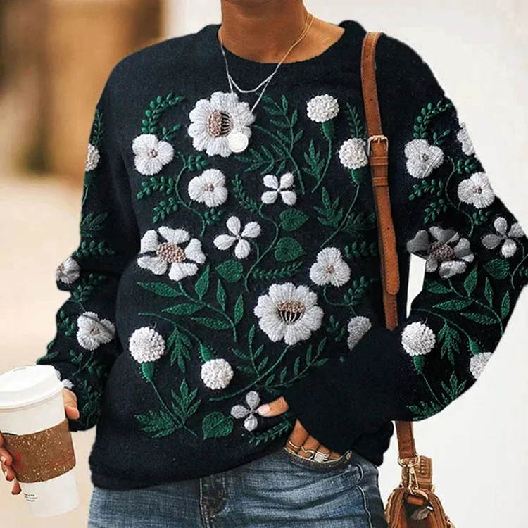 Comstylish Women's Embroidery White Floral Art Flower Print Causal Sweatshirt