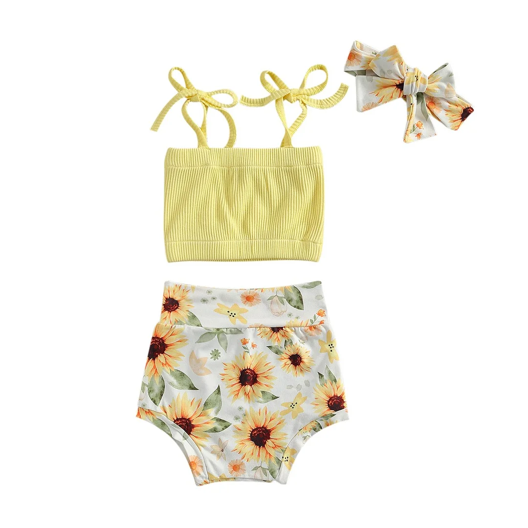 Infant Newborn 3Pcs Baby Girl Summer Outfits, Bow Tie Strap Ribbed Tank Tops + Short Pants + Headband Set
