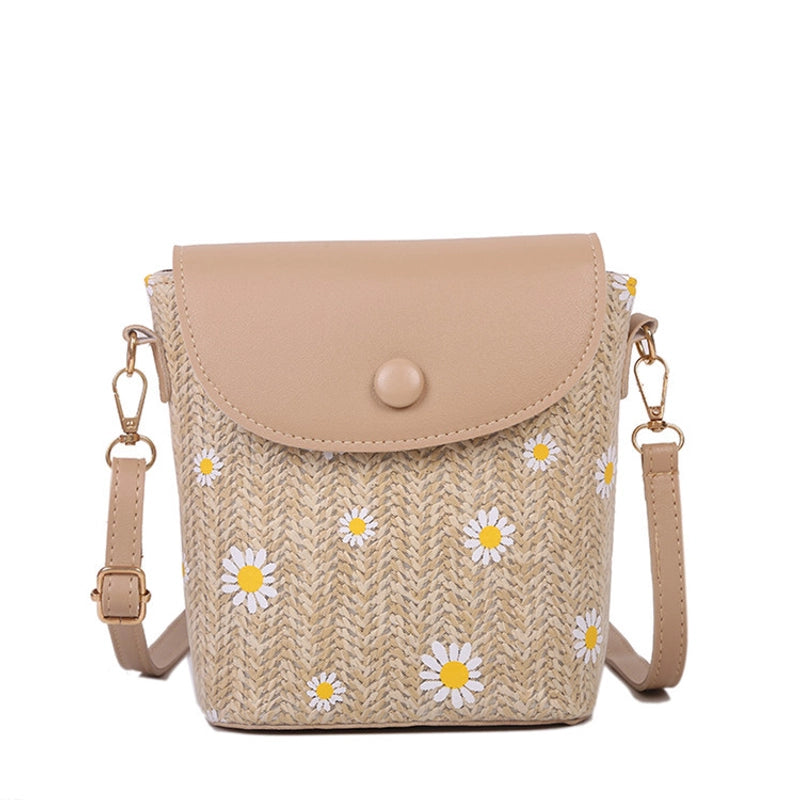 Women’s Small Straw Flower Streetwear Weave Bucket Magnetic Buckle Shoulder Bag