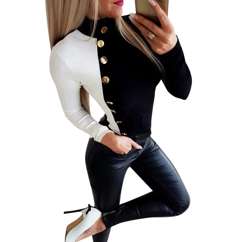 Women Autumn Patchwork Long Sleeve Turtle Neck Button Pullover Shirt Blouse Top Perfect to match with all variety of jeans coats