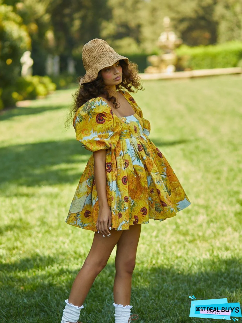 Printed Square Neck Lantern Short Sleeve Women's Dress Backless Fluffy French Princess Dress