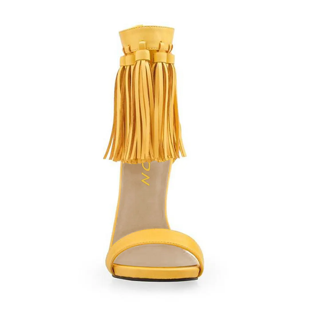 Yellow Open Toe Zipper Stiletto Heeled Sandals with Tassels
