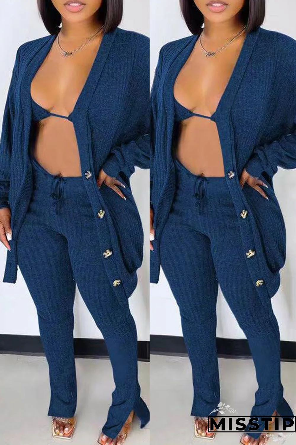 Blue Fashion Casual Solid Cardigan Vests Pants Long Sleeve Three-piece Set