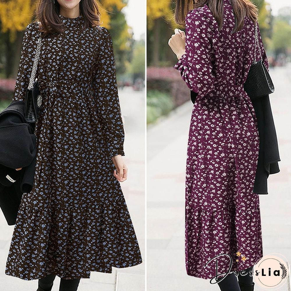 Womens Spring Casual Belt Full Sleeved Kaftan Floral Printed A-Line Party Ruffle Hem Long