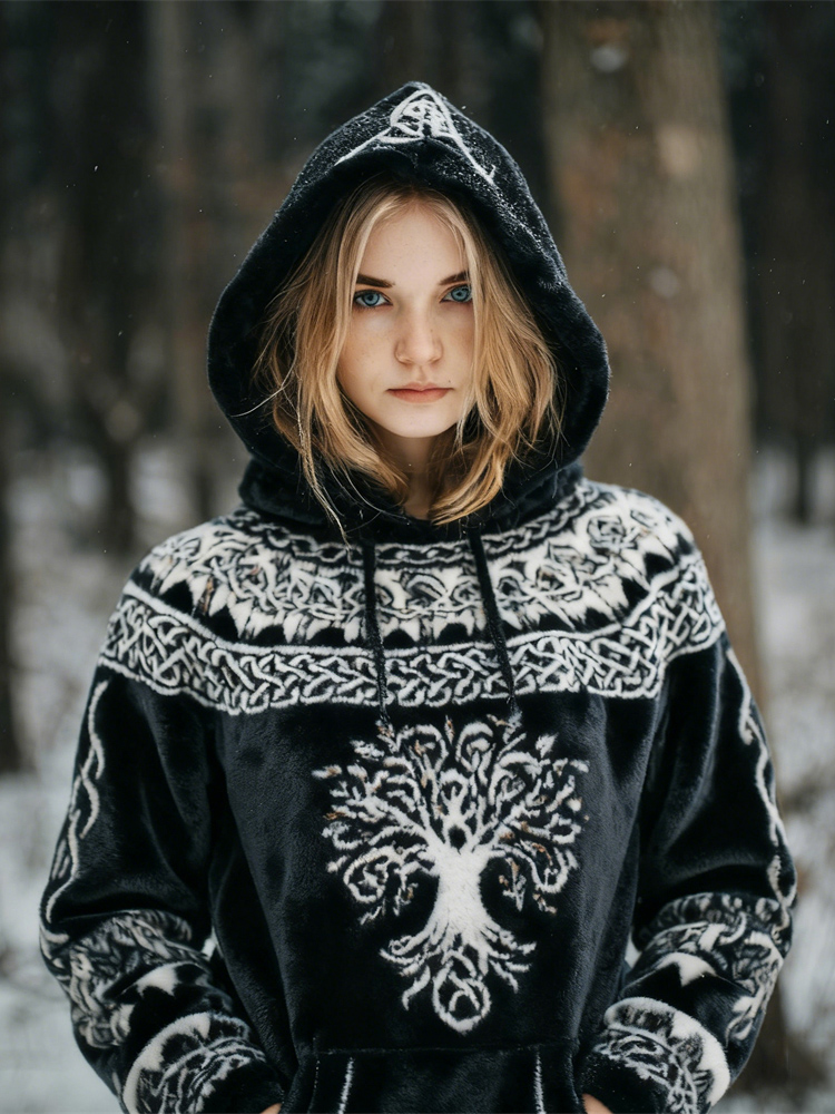 Viking Celtic Tree Design Women's Flannel Hoodie elevenforest