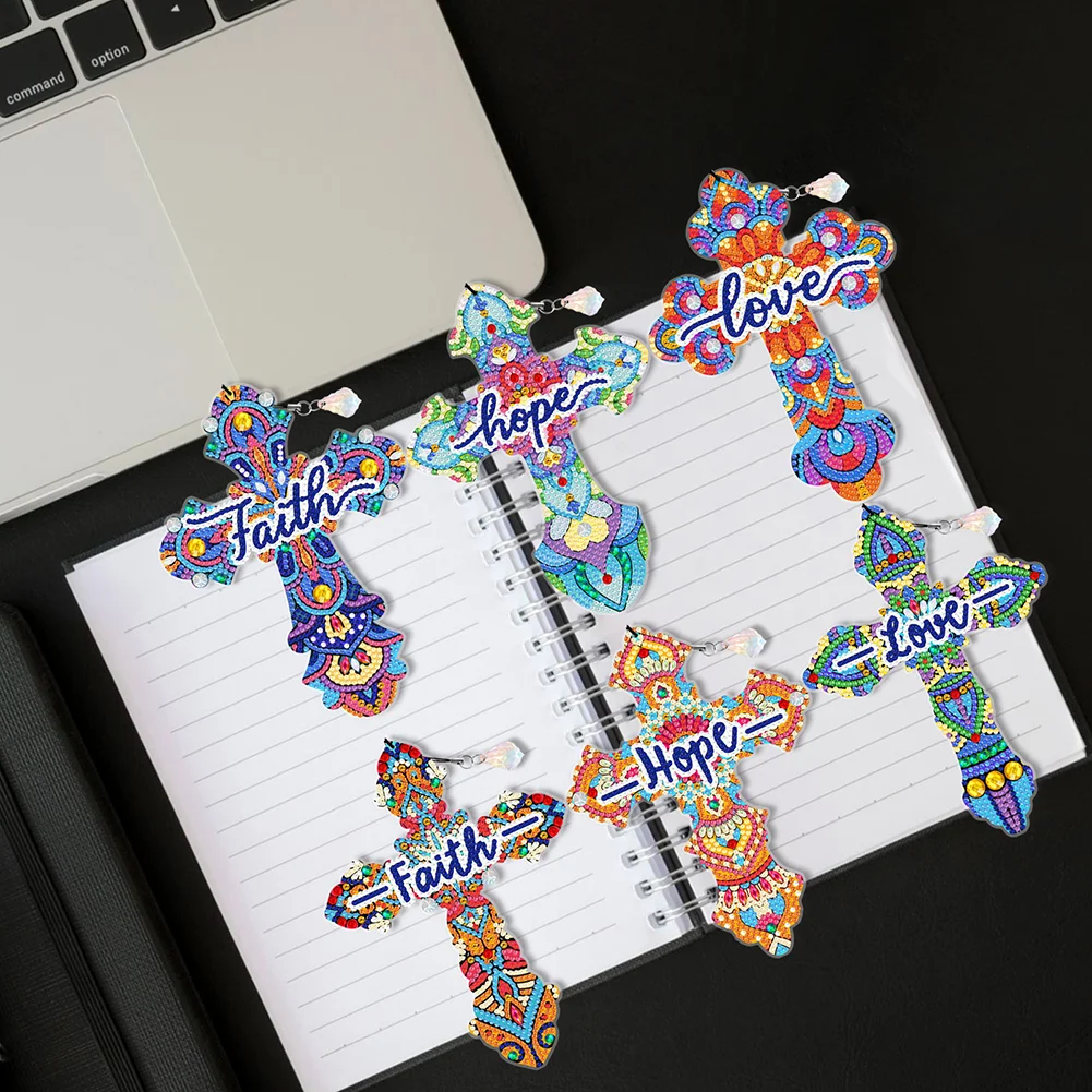 6pcs DIY Cross Diamond Painting Bookmarks with Crystal Pendant(Single Sided)
