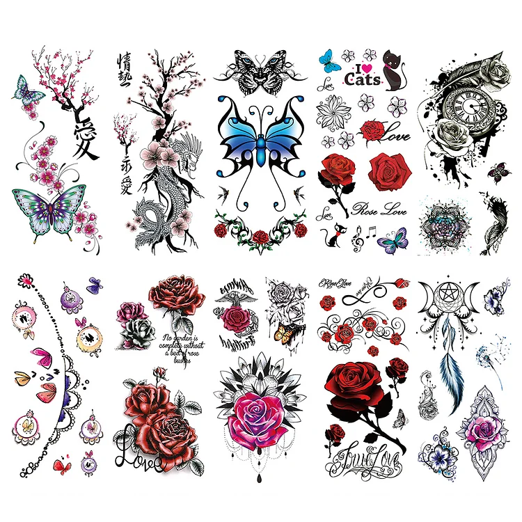 10 Sheets Sakura Rose Art Watercolor Temporary Tattoo Stickers Disposable