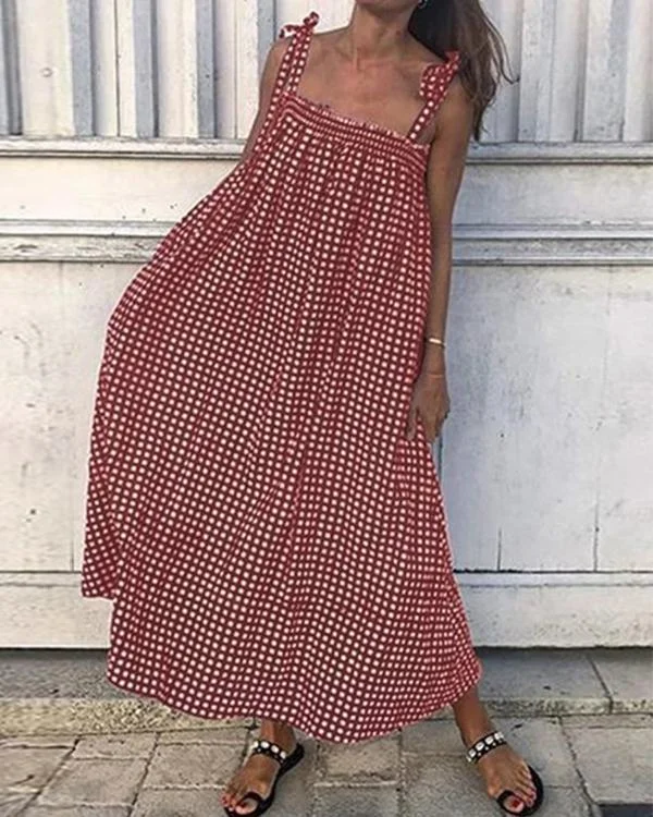 Plus Size Plaid Vintage Spaghetti Strap Summer Maxi Dresses