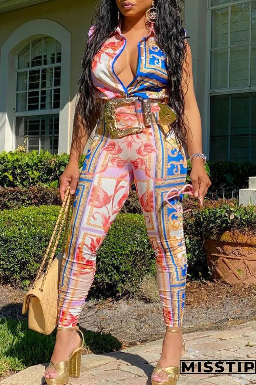 Blue Sexy Print Patchwork Turndown Collar Sleeveless Two Pieces