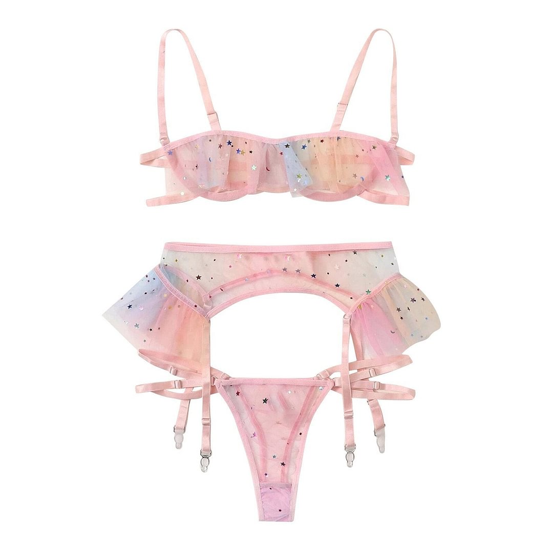 Lace Bra Set Women Colorful Printed Mesh See Through Underwear Ladies Temptation Lingerie Set Push Up Bras Briefs Garter Sets