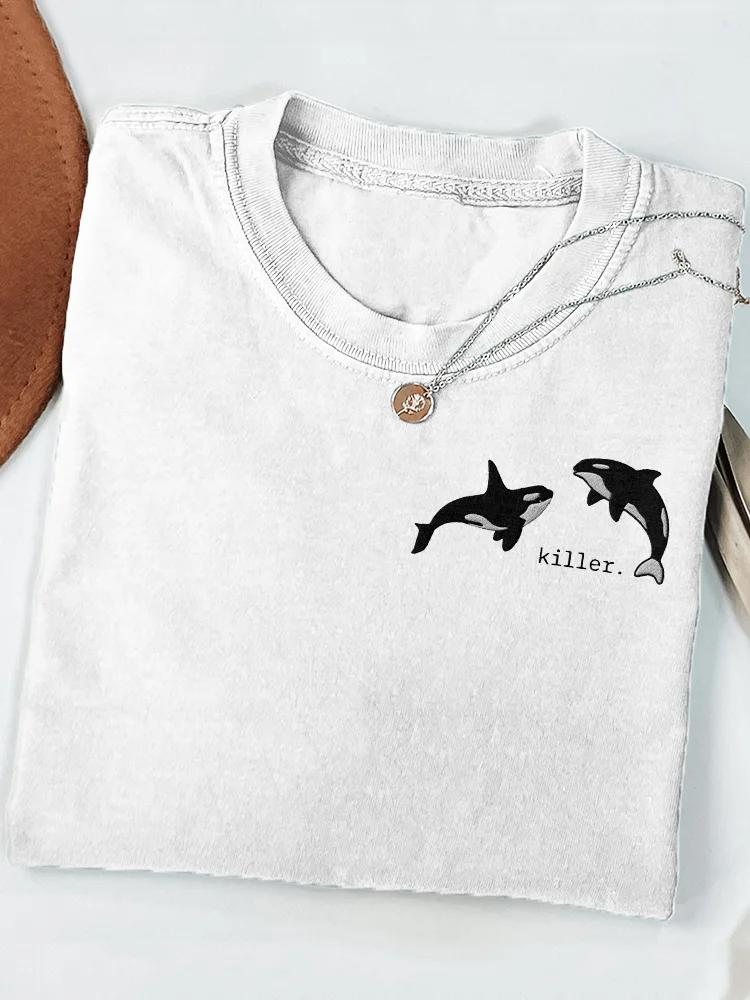 Killer Whale Embroidered Art Crew Neck Cozy T Shirt