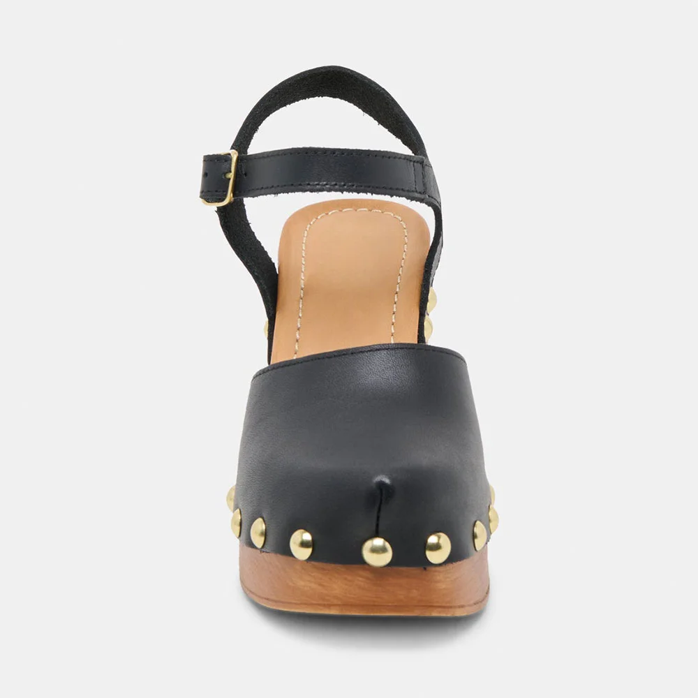 Black Closed Round Toe Buckle Ankle Strap Heeled Sandals with Studded