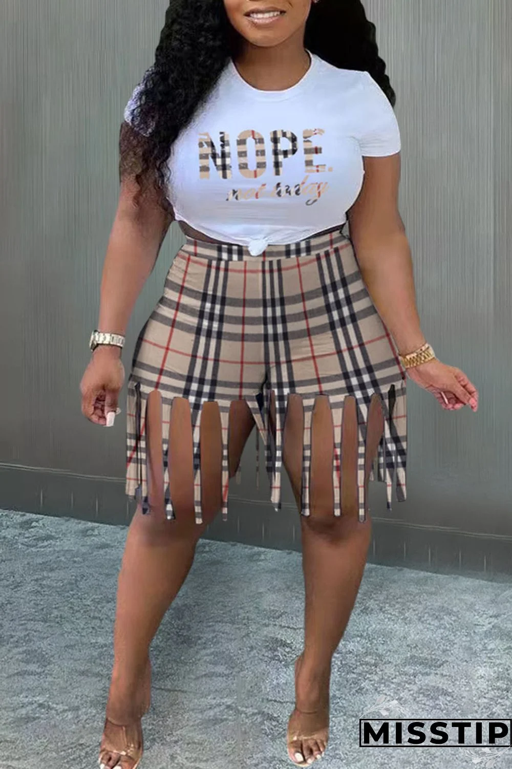 Black White Casual Street Print Tassel Patchwork O Neck Plus Size Two Pieces