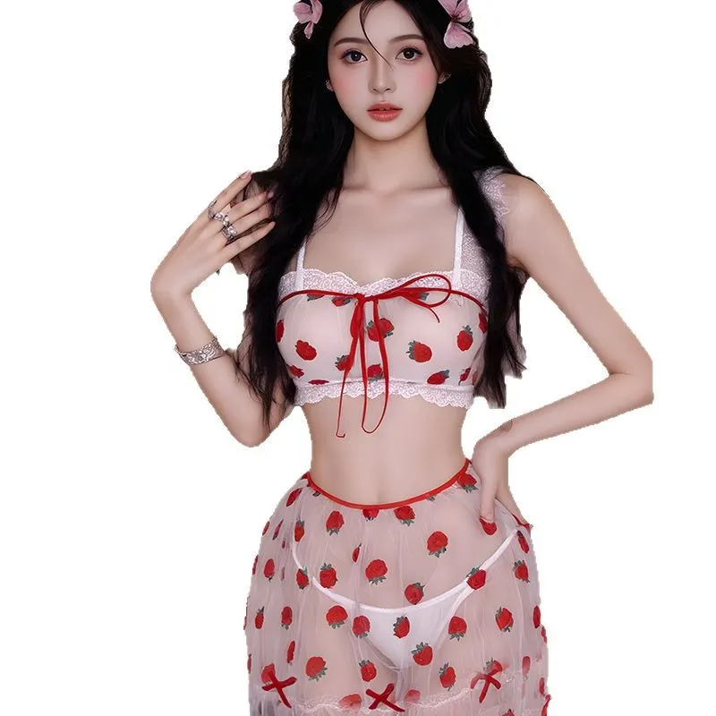 Churchf Eat Strawberries!Night Vow Pure Lingerie Perspective Chiffon Sweet Maid Thin Sling Suit Couple Underwear
