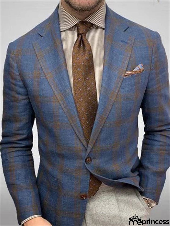 Men's British Style Plaid Lapel Long Sleeve Business Blazer
