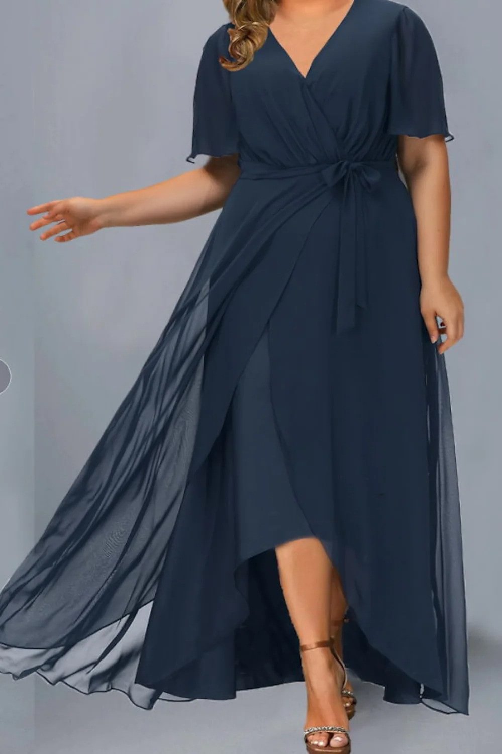 Plus Size Ruffle Sleeve Sash Belt Asymmetrical Hem Fake Two Pieces Maxi Dress