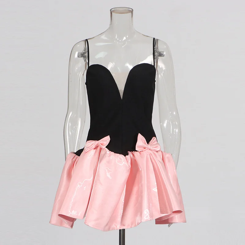 Zingj Temperament Dress Woman 2025 Spring New Fashion Sweet Wind And Bow Splicing Design-Sensitive Sling Skirt