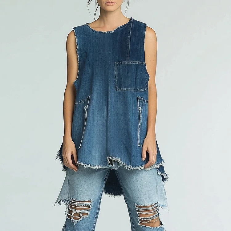Ursime Denim Crew Neck Raw Edge Asymmetrical Hem Tank Top