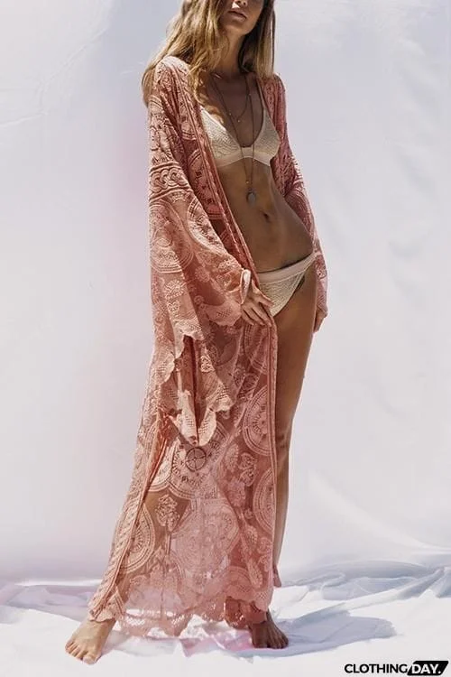 Flares Sleeve Lace Long Cover Up With Belted