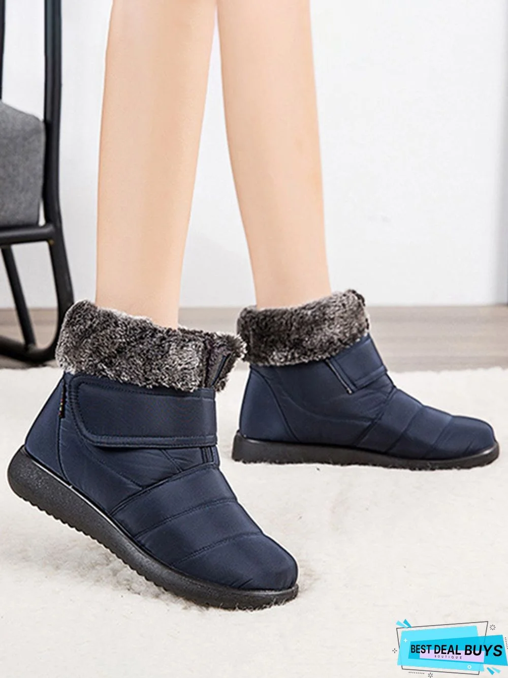 Faux Fur Cuff Snow Boots with Hook and Loop